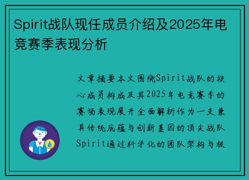 Spirit战队现任成员介绍及2025年电竞赛季表现分析